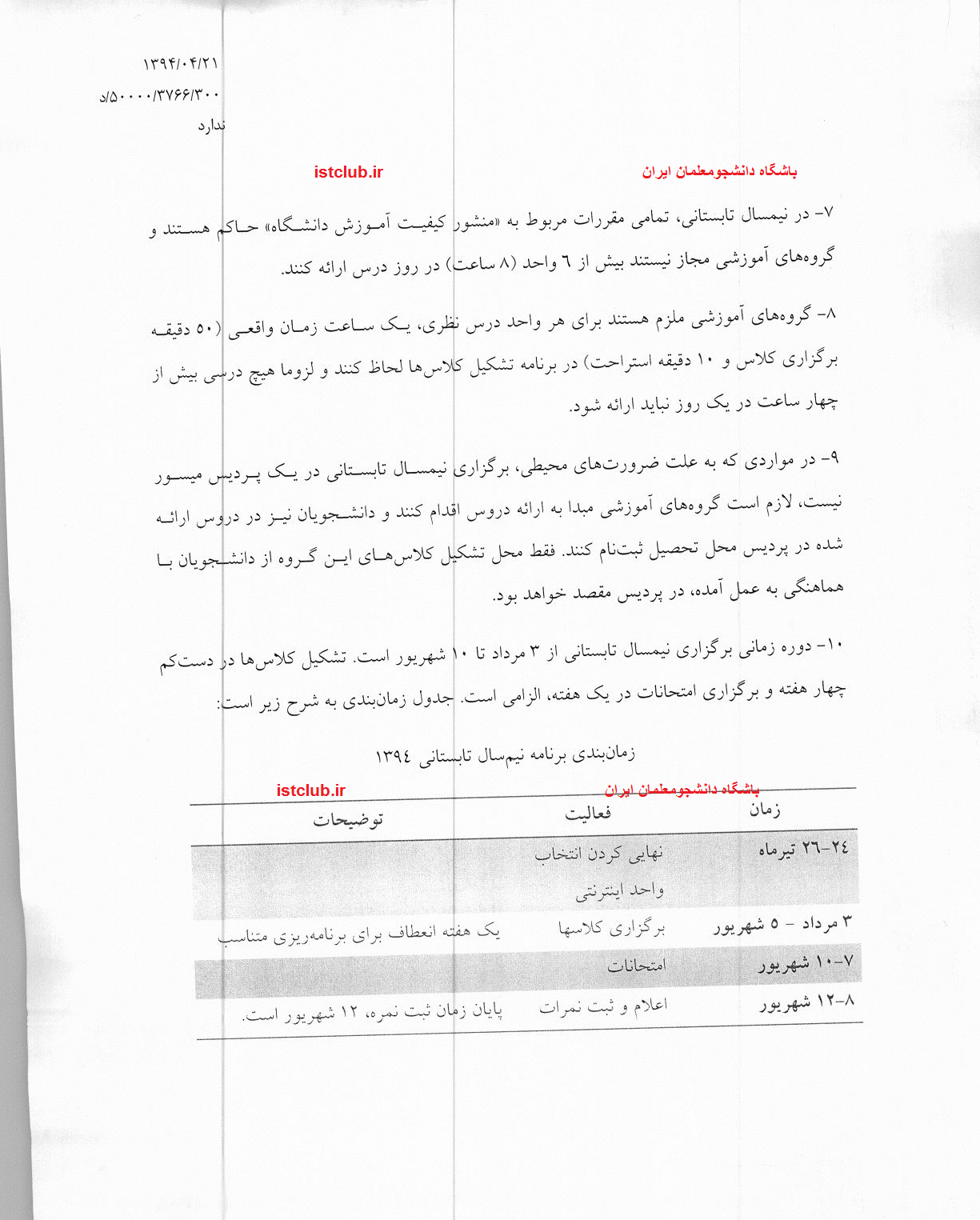 بخشنامه جدید ترم تابستانی دانشگاه فرهنگیان