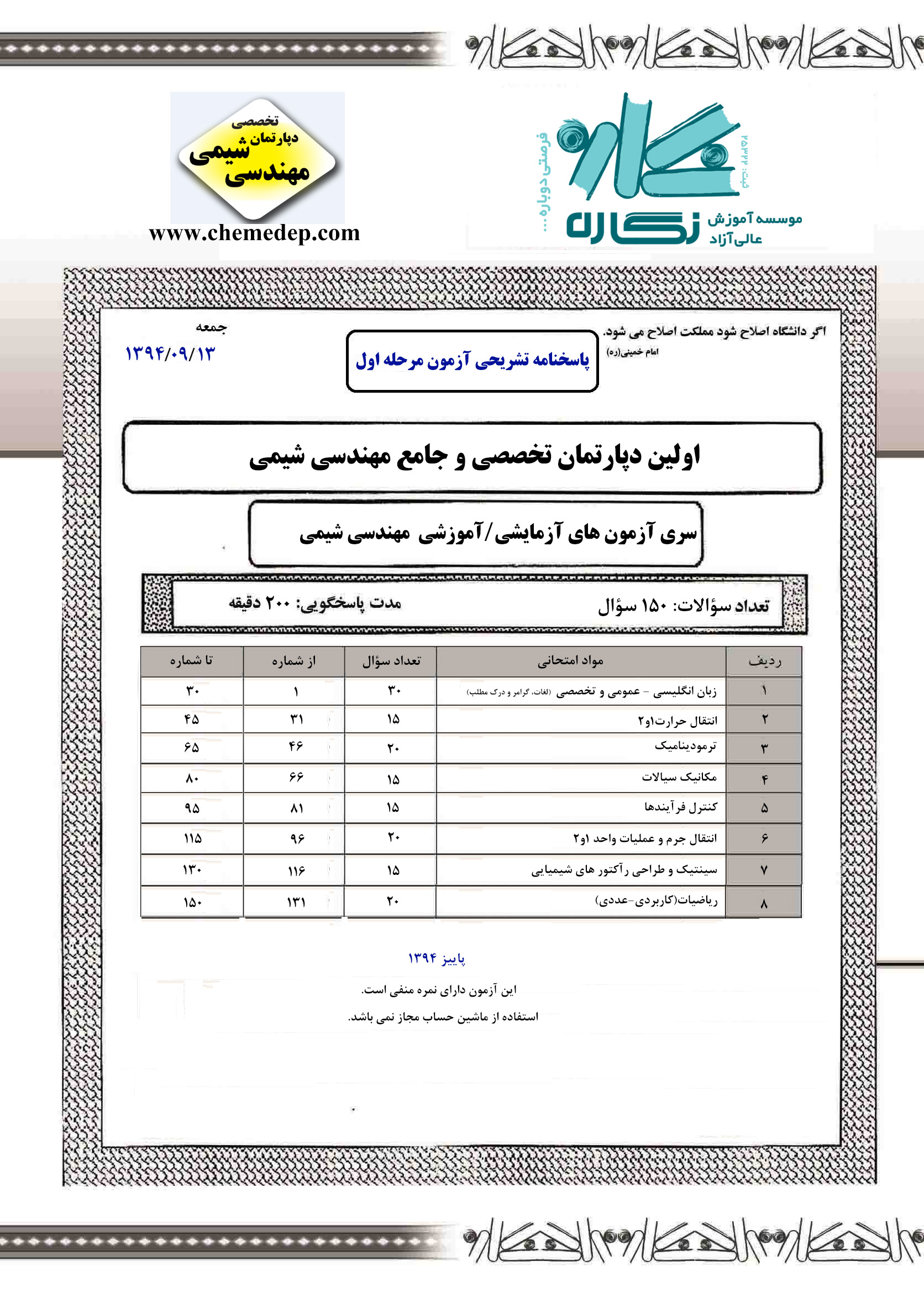 پاسخنامه تشریحی