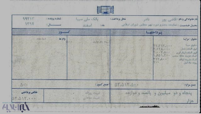 فیش حقوقی نماینده مجلس