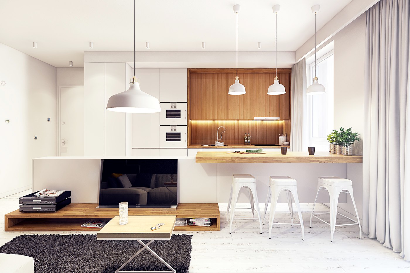 آشپزخانه با رنگ سفید و چوب 